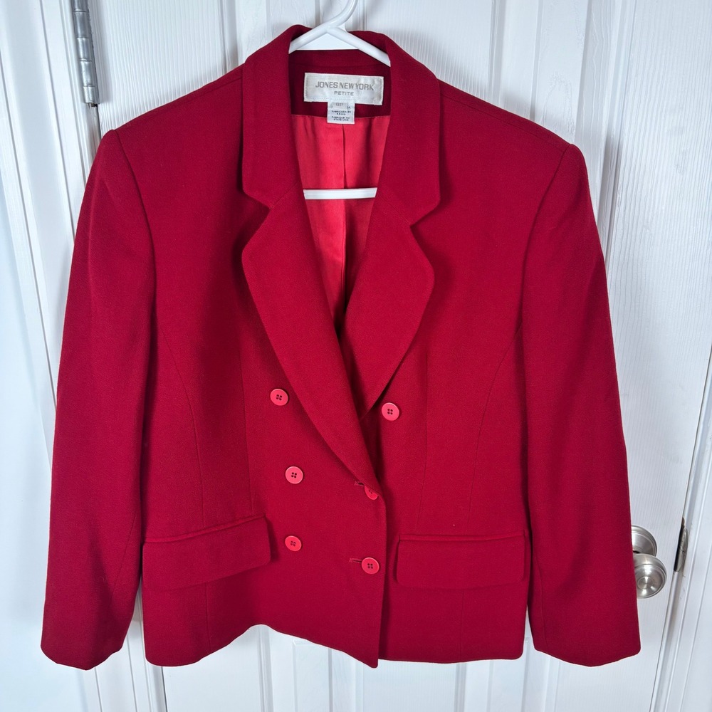Jones‎ New York Petite Red 100% Wool Double Breasted Vintage Blazer Jacket 8P